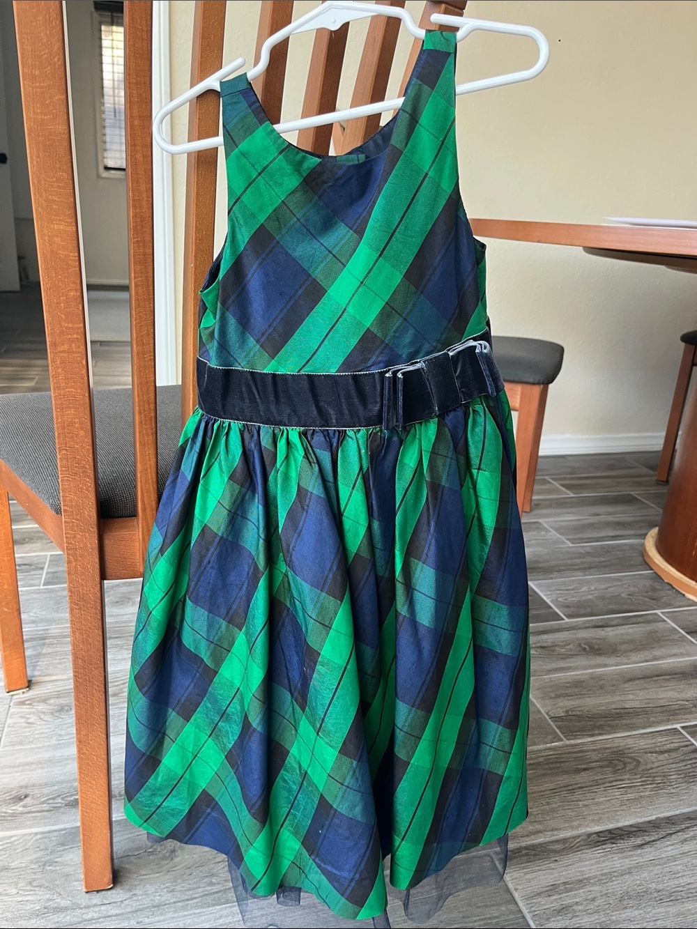 Janie and Jack Green and Navy Plaid Party Dress with Velvet Waistband